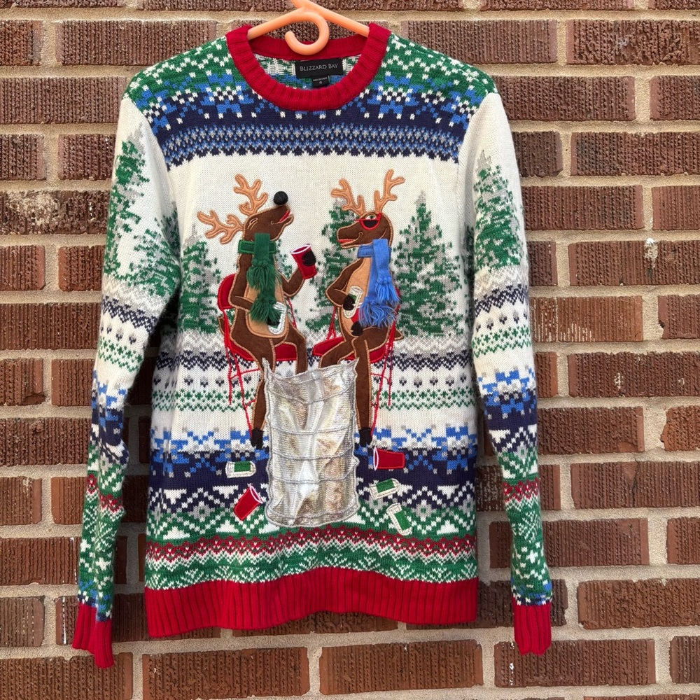 Blizzard Bay Moose Drinking Beer Christmas Sweater with Pocket Small